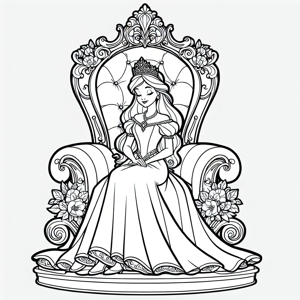 Coloring page of a princess, kind ruler sitting on a throne