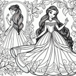 Coloring page of a princess, kind ruler walking in a garden