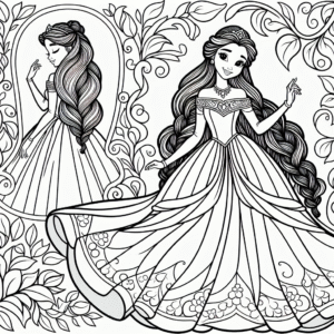 Coloring page of a princess, kind ruler walking in a garden