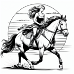 Coloring page of a Quarter Horse female rider, equestrian athlete riding at sunset
