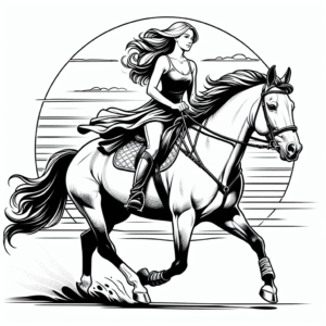 Coloring page of a Quarter Horse female rider, equestrian athlete riding at sunset