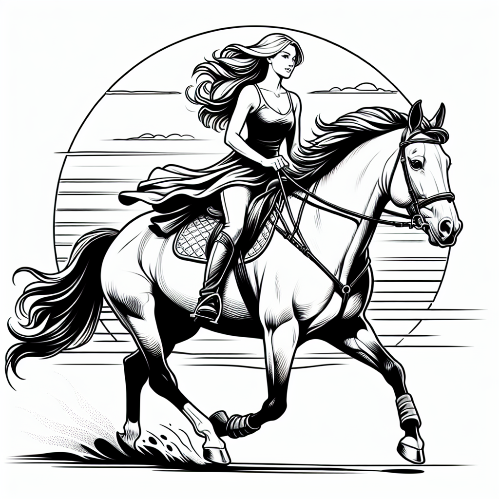 Coloring page of a Quarter Horse female rider, equestrian athlete riding at sunset