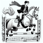Coloring page of a Quarter Horse girl riding a horse, equestrian athlete jumping over a fence