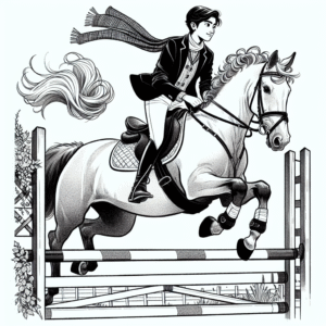 Coloring page of a Quarter Horse girl riding a horse, equestrian athlete jumping over a fence