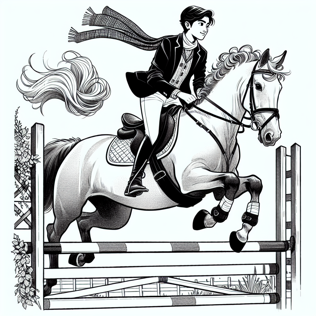 Page à colorier d'une fille Quarter Horse montant à cheval, athlète équestre sautant par-dessus une clôture