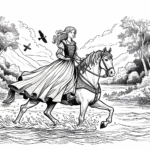 Coloring page of a Quarter Horse young woman on horseback, medieval knightess crossing a river