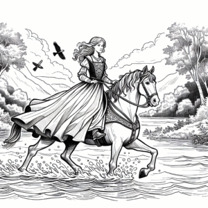 Coloring page of a Quarter Horse young woman on horseback, medieval knightess crossing a river