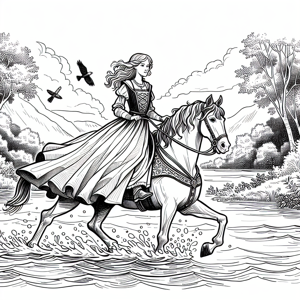 Coloring page of a Quarter Horse young woman on horseback, medieval knightess crossing a river
