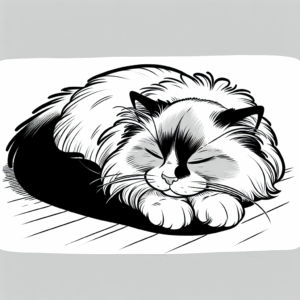 Coloring page of a Ragdoll cat, lazy napper sleeping in a sunbeam