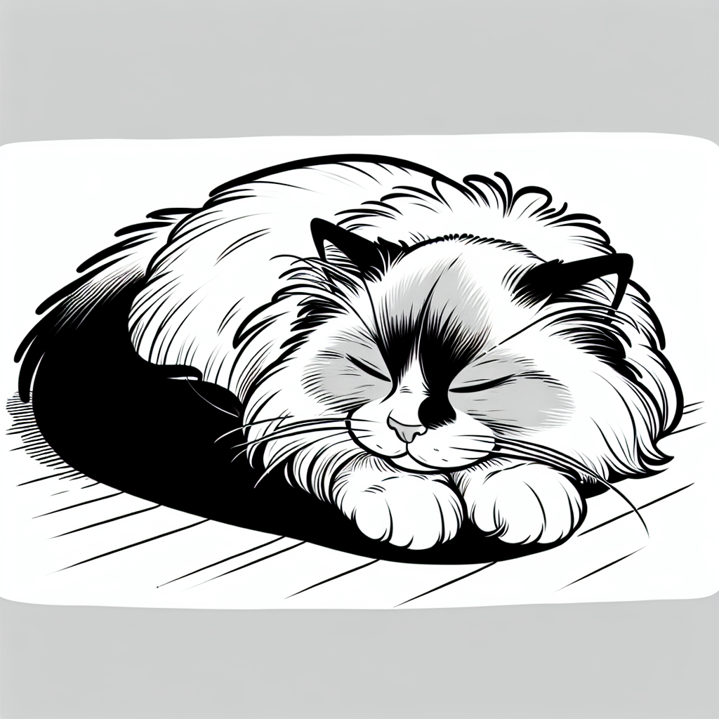 Coloring page of a Ragdoll cat, lazy napper sleeping in a sunbeam