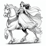 Coloring page of a royal maiden, brave heroine riding a white horse