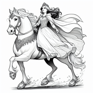 Coloring page of a royal maiden, brave heroine riding a white horse