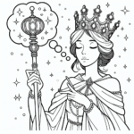 Coloring page of a royal maiden, gentle dreamer holding a scepter