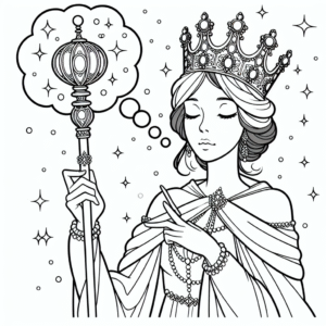 Coloring page of a royal maiden, gentle dreamer holding a scepter