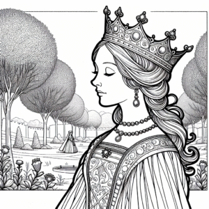 Coloring page of a royal maiden, kind ruler walking in a garden