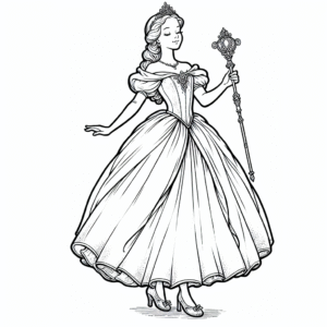 Coloring page of a royal maiden, royal beauty holding a scepter