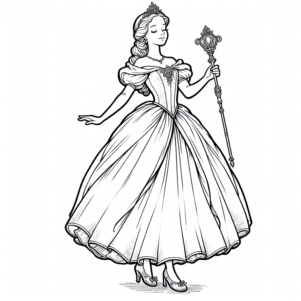 Coloring page of a royal maiden, royal beauty holding a scepter