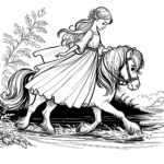 Coloring page of a Shetland pony female rider, equestrian athlete crossing a river