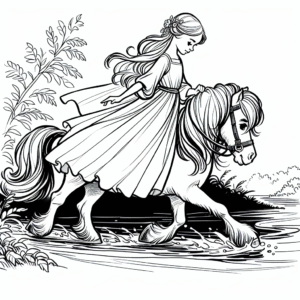 Coloring page of a Shetland pony female rider, equestrian athlete crossing a river