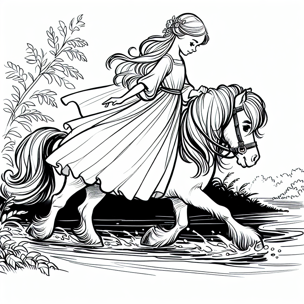 Coloring page of a Shetland pony female rider, equestrian athlete crossing a river