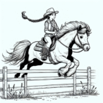 Coloring page of a Shetland pony young woman on horseback, cowgirl jumping over a fence