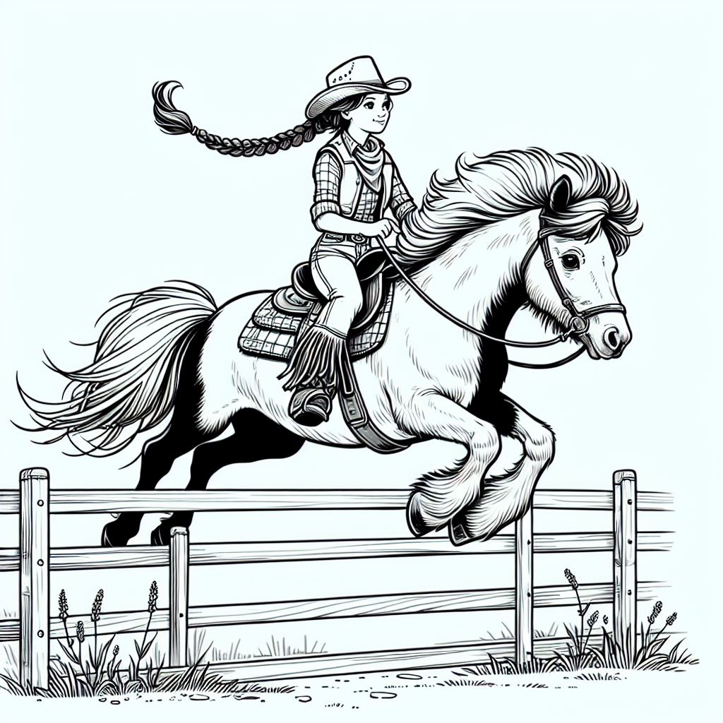 Coloring page of a Shetland pony young woman on horseback, cowgirl jumping over a fence