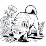 Page à colorier d’un chien Shiba Inu, fidèle compagnon reniflant des fleurs