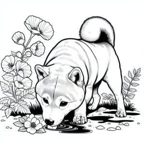 Coloring page of a Shiba Inu dog, loyal companion sniffing flowers