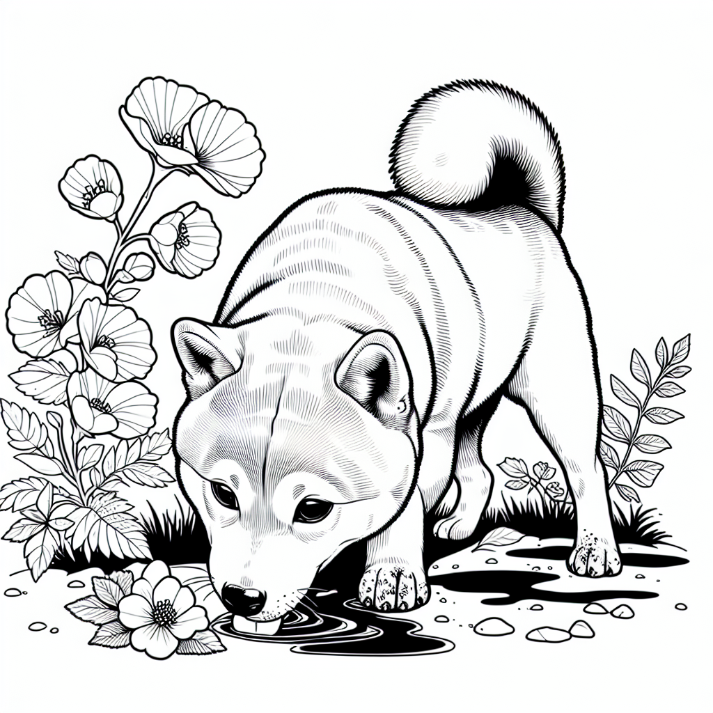 Coloring page of a Shiba Inu dog, loyal companion sniffing flowers