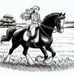 Coloring page of a Shire horse young woman on horseback, equestrian athlete galloping across a meadow