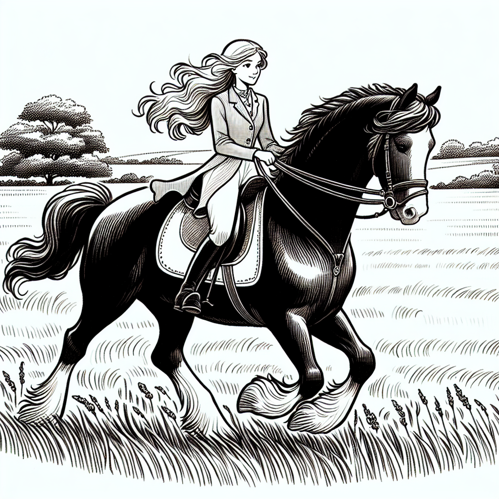 Coloring page of a Shire horse young woman on horseback, equestrian athlete galloping across a meadow