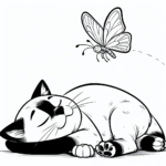 Coloring page of a Siamese cat, lazy napper chasing a butterfly