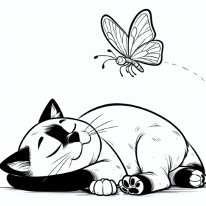Coloring page of a Siamese cat, lazy napper chasing a butterfly