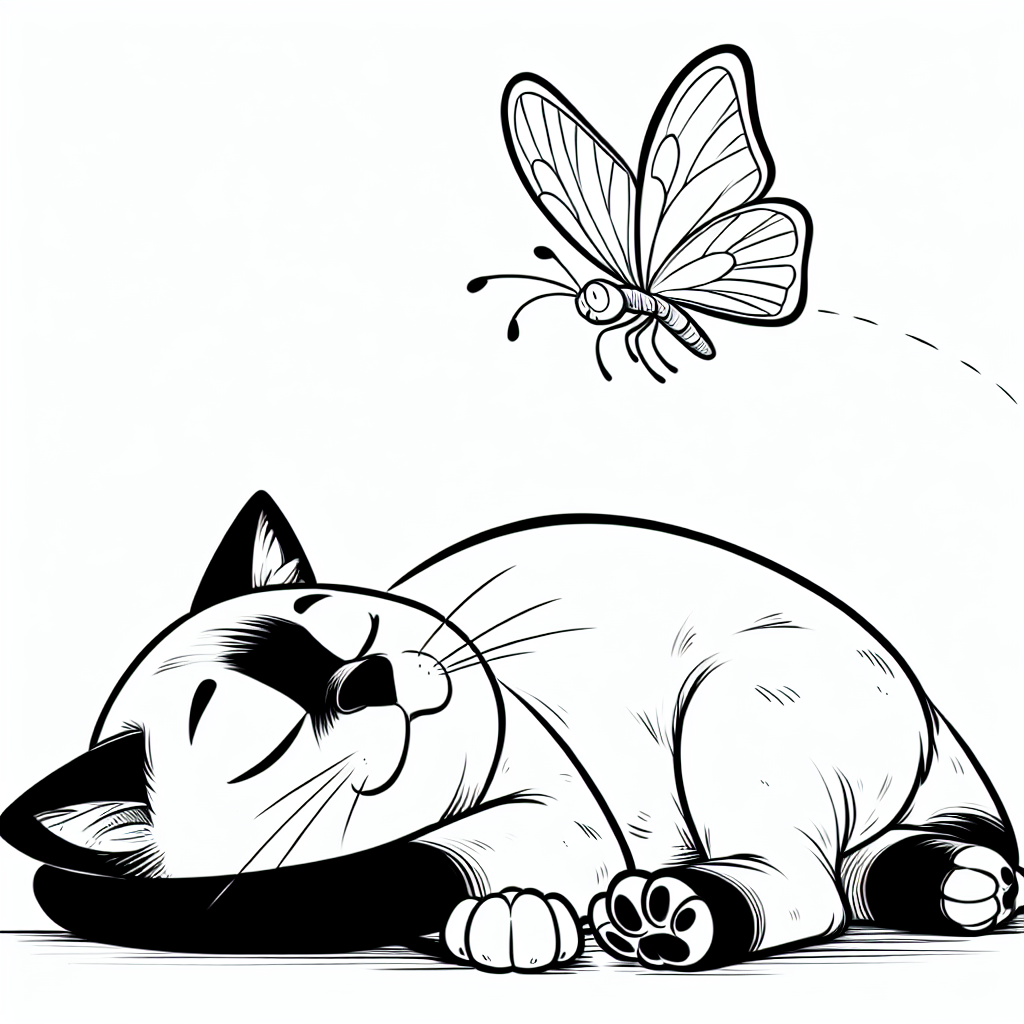 Coloring page of a Siamese cat, lazy napper chasing a butterfly