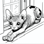 Coloring page of a Sphynx cat, mischievous kitty stretching on a windowsill