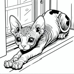 Coloring page of a Sphynx cat, mischievous kitty stretching on a windowsill