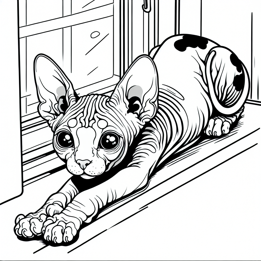 Coloring page of a Sphynx cat, mischievous kitty stretching on a windowsill