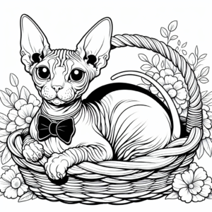 Coloring page of a Sphynx cat, playful hunter curled up in a basket
