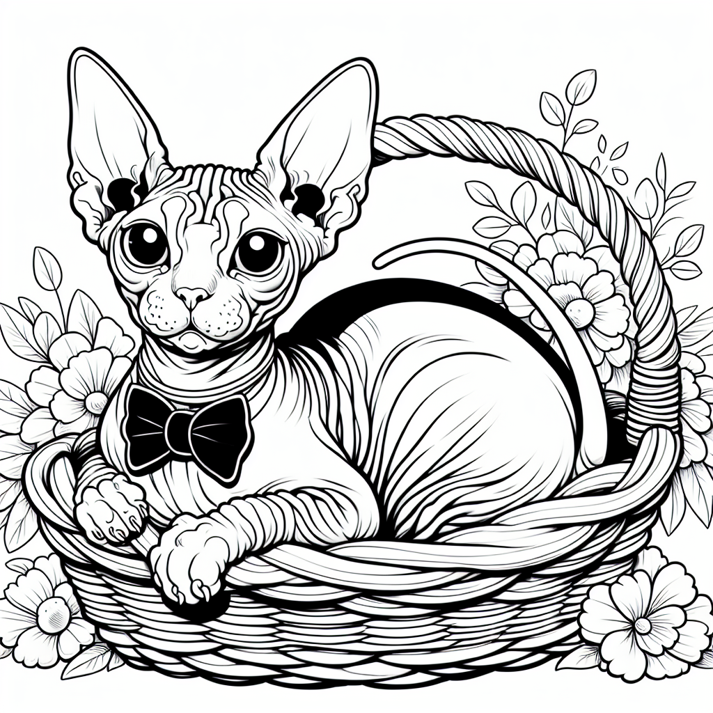 Coloring page of a Sphynx cat, playful hunter curled up in a basket