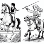 Coloring page of a Thoroughbred girl riding a horse, village girl on a pony jumping over a fence