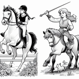 Coloring page of a Thoroughbred girl riding a horse, village girl on a pony jumping over a fence