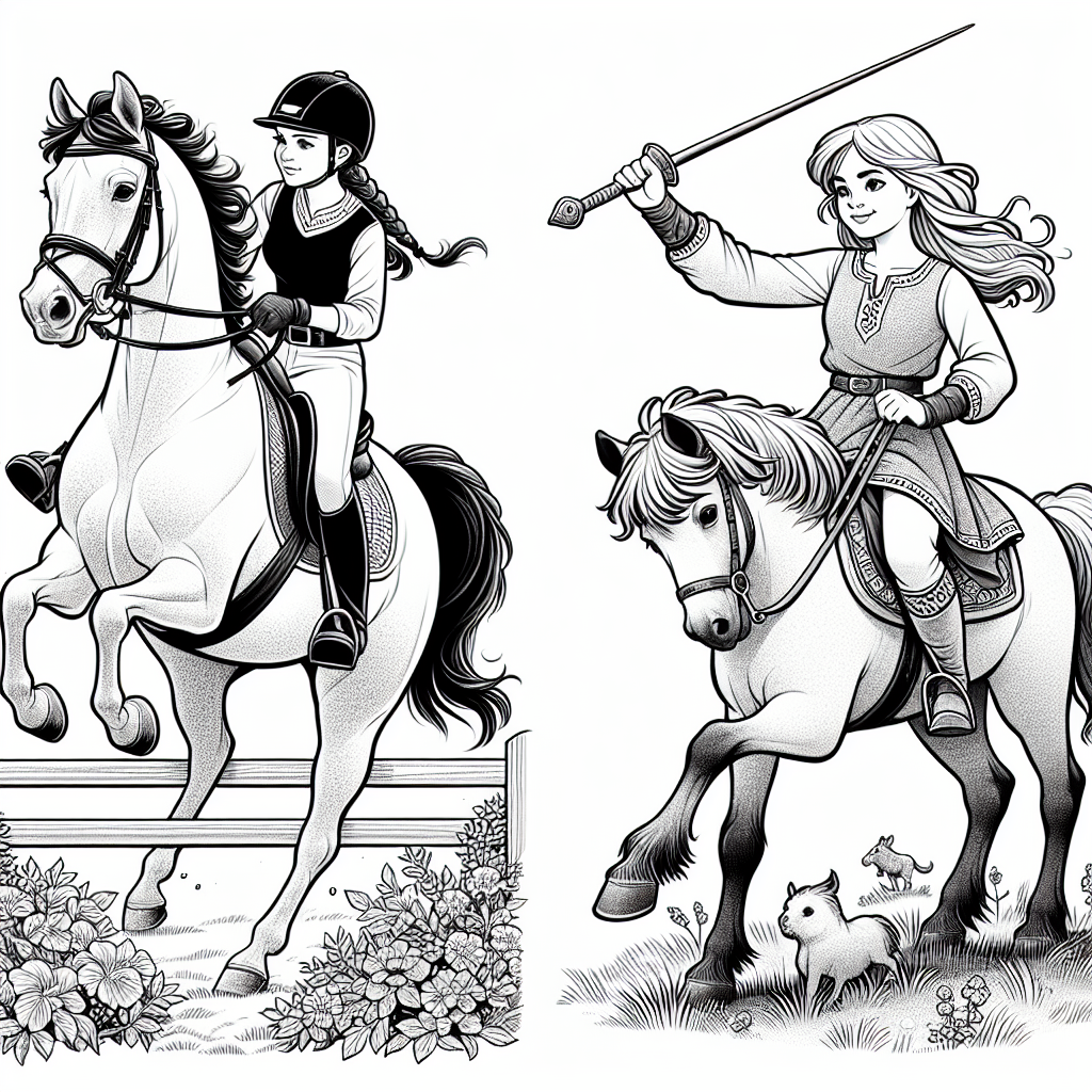 Coloring page of a Thoroughbred girl riding a horse, village girl on a pony jumping over a fence