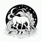 Coloring page of a unicorn, celestial spirit drinking from a crystal lake
