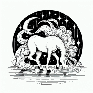 Coloring page of a unicorn, celestial spirit drinking from a crystal lake