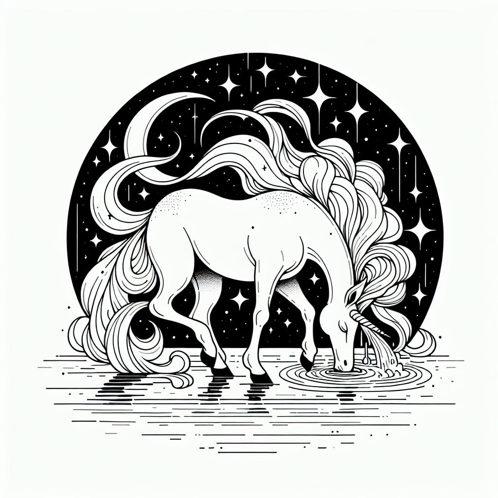 Coloring page of a unicorn, celestial spirit drinking from a crystal lake
