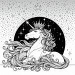 Page à colorier d’une licorne, gardienne des rêves, contemplant les étoiles