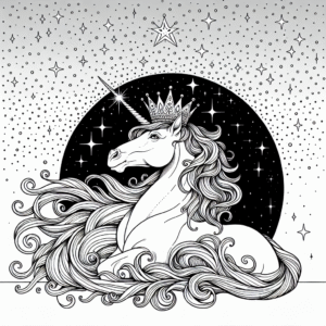 Coloring page of a unicorn, guardian of dreams gazing at the stars