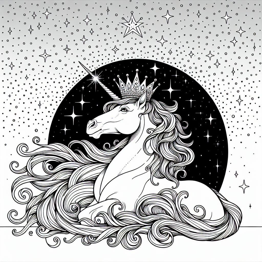 Coloring page of a unicorn, guardian of dreams gazing at the stars