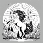 Coloring page of a unicorn, guardian of the forest rearing majestically