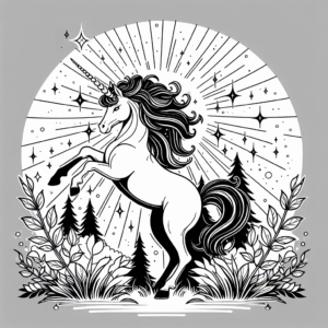 Coloring page of a unicorn, guardian of the forest rearing majestically